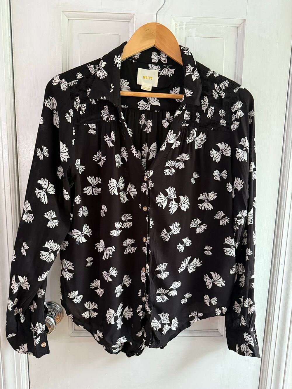 Maeve Anthropologie Floral Blouse Top Size 8 US 12 UK Black White Ruffle Sheer 8